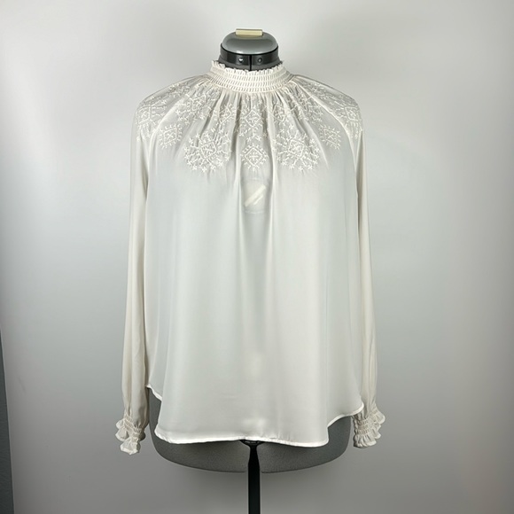 VINTAGE LOFT™️ Women's Size LP High Neck Embroidered Cream Long Sleeve Blouse - Picture 1 of 11